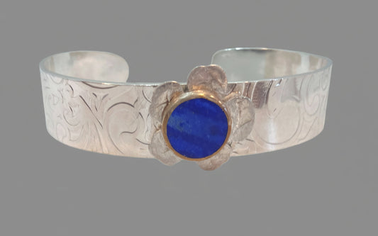 Handcrafted Lapis, Sterling Silver Gold Filled Bezel, Textured Flower Cuff Bracelet
