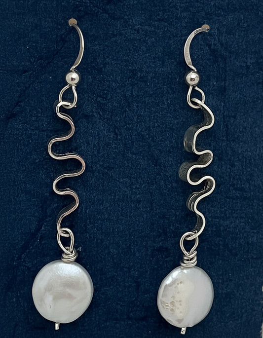 Handcrafted Coin Pearl Sterling Silver Squiggle Earrings
