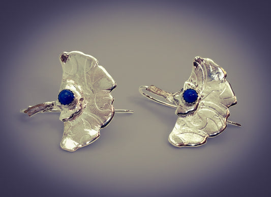 Handcrafted Large Lapis Sterling Silver Gingko Leaf Earrings, Gold Filled Stems