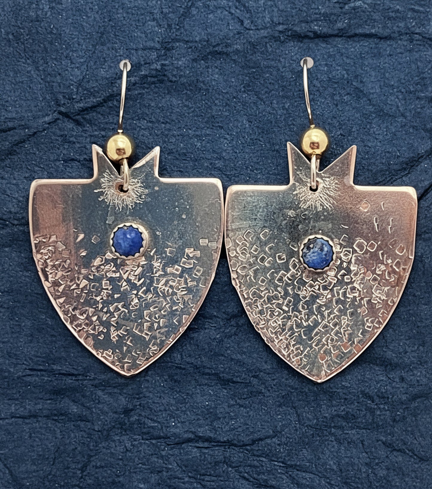 Handcrafted Lapis Sterling Silver Shield Earrings Gold Filled Balls
