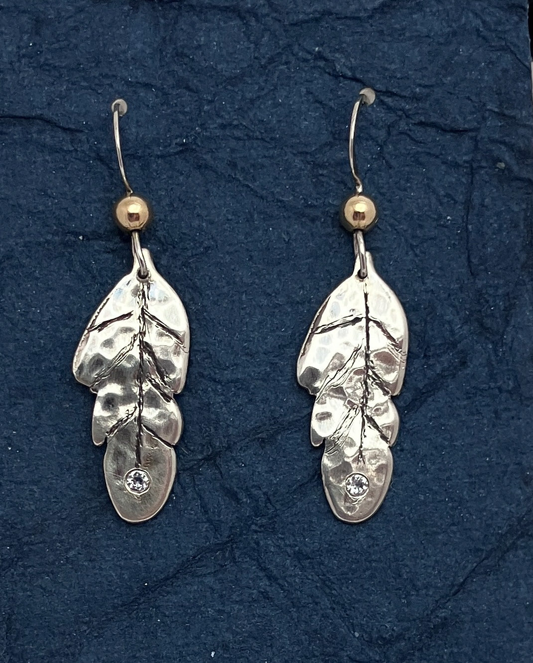 Handcrafted Sterling Silver Feather Earrings Cubic Zirconia