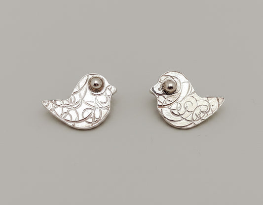 Handcrafted Sterling Silver Bird Post Earrings 14kt Eyes