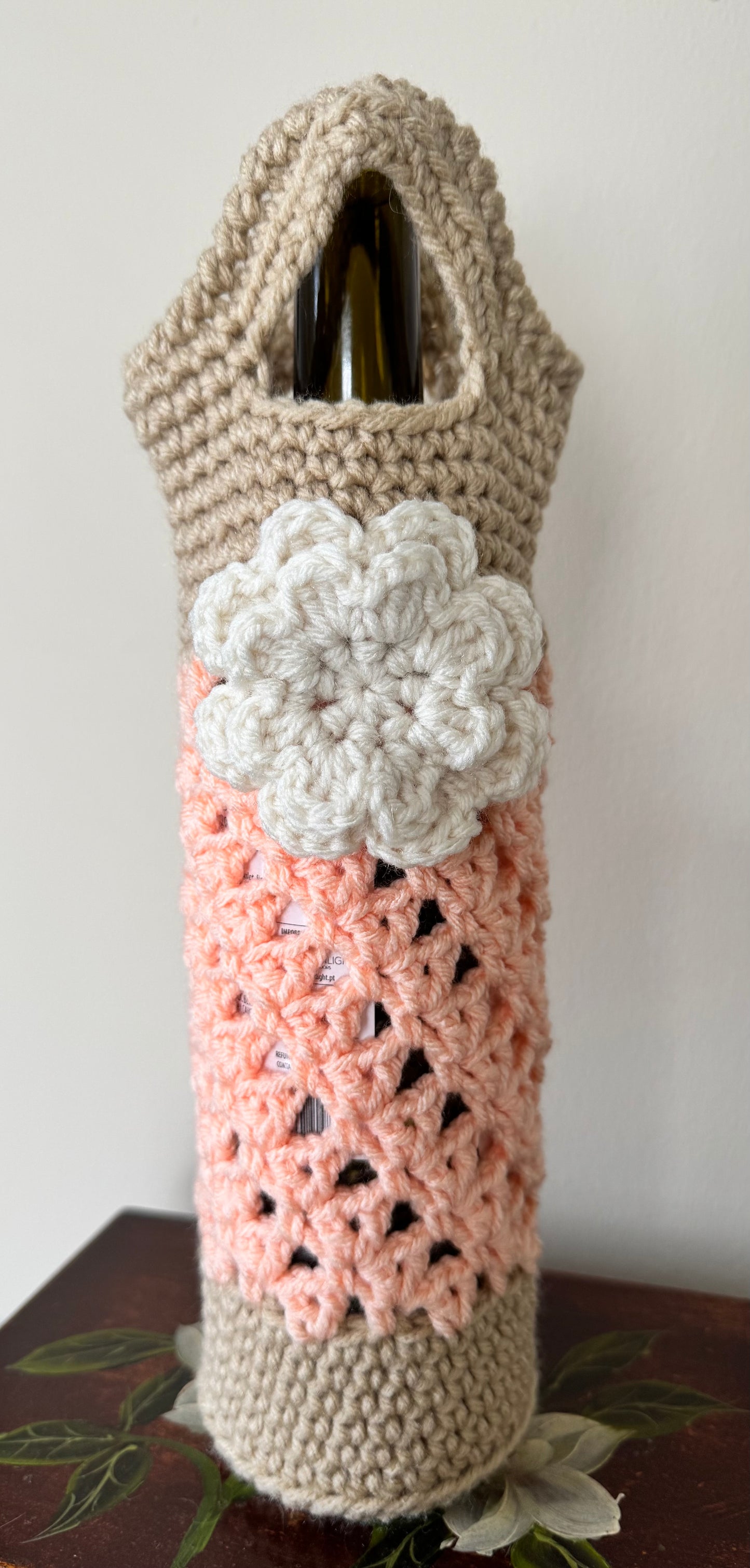 Crochet Wine Tote - Peach & Lace