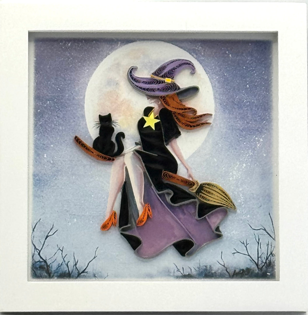 Framed Quilled Witch on a Broomstick – 6" x 6"