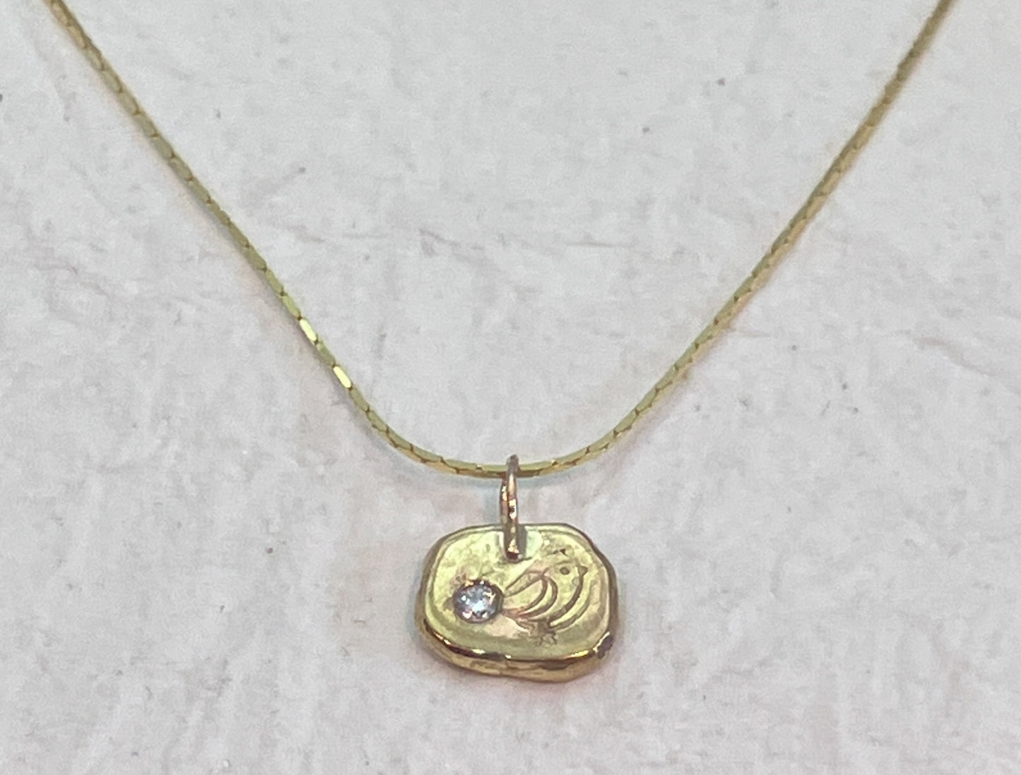 Handcrafted 14kt bird stamped pendant cubic zirconia, vermeil chain necklace