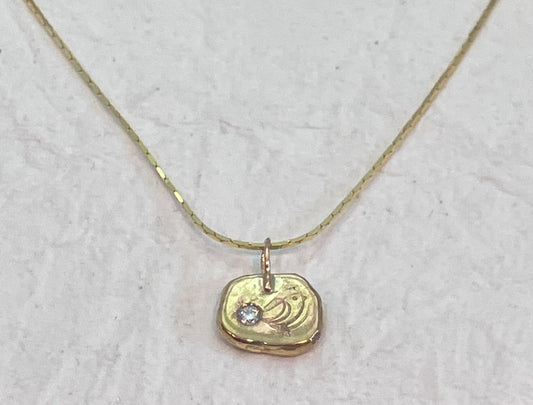 Handcrafted 14kt bird stamped pendant cubic zirconia, vermeil chain necklace