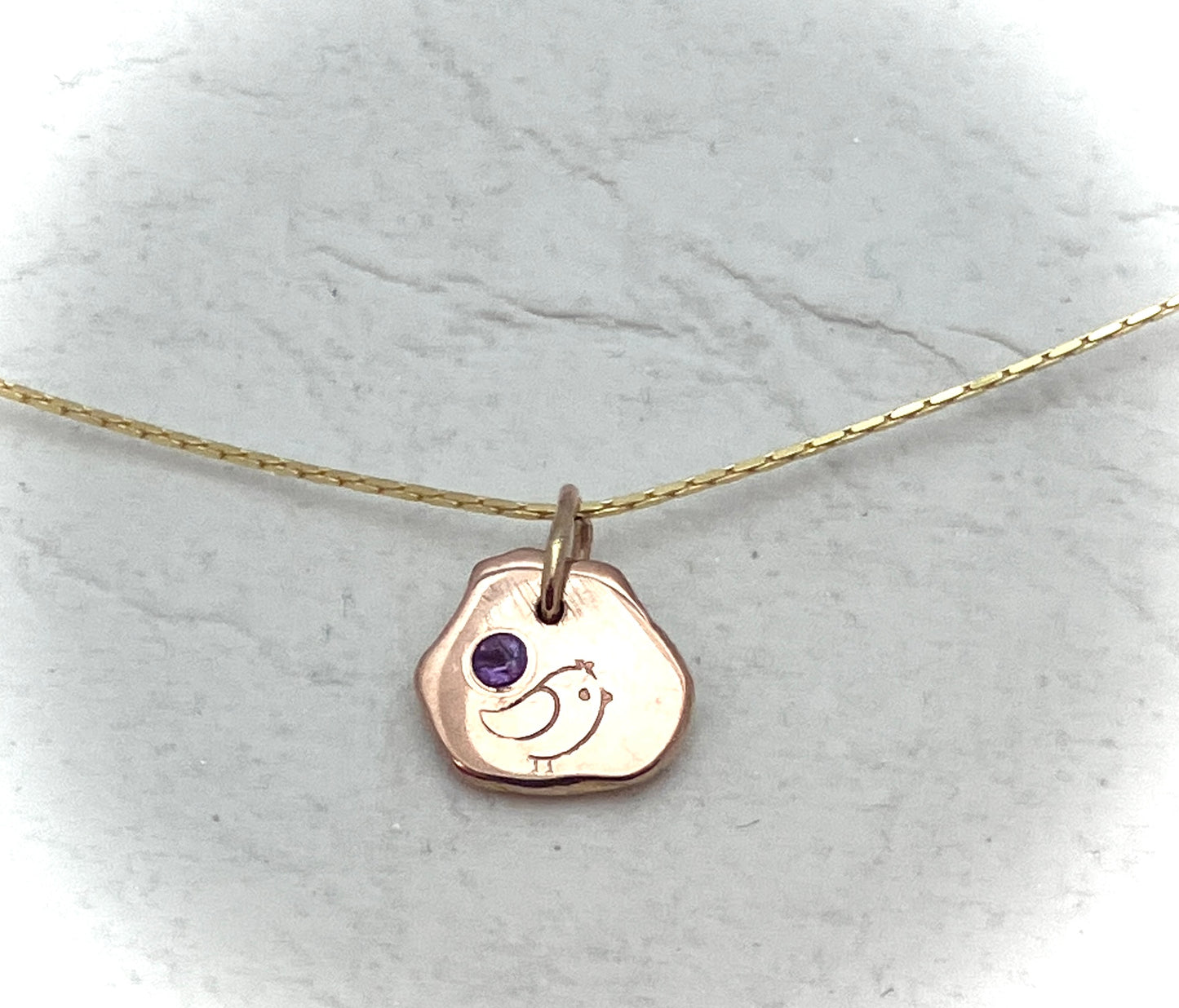 Handcrafted 14kt bird stamped pendant Amethyst, Vermeil Chain